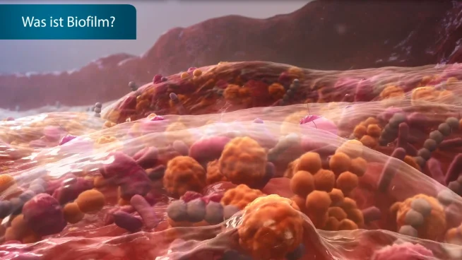 Intro zum Video, dass die Zusammensetzung von Biofilm wissenschaftlich erklärt. Bild von Bakterien