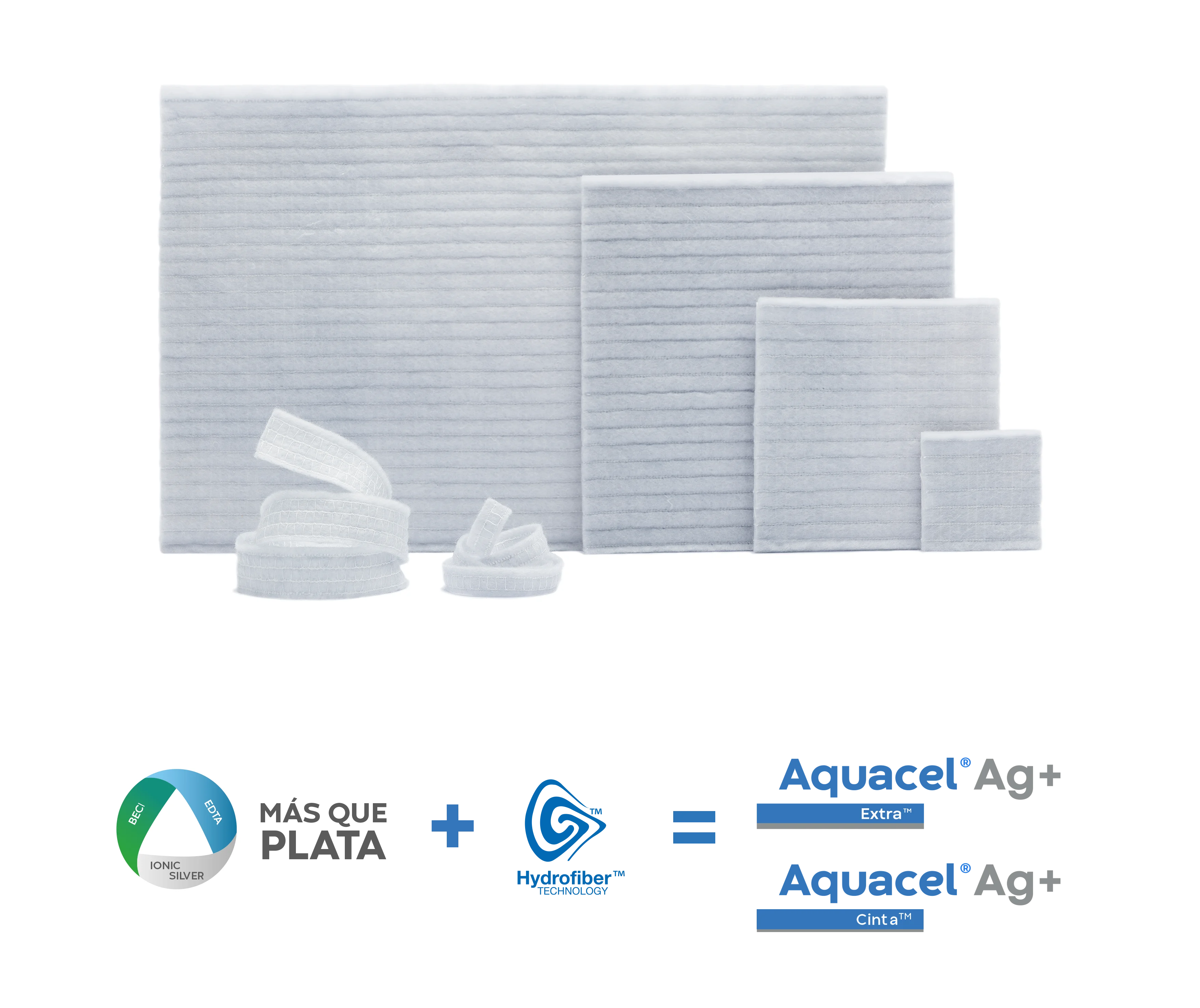Apósito de cinta Aquacel™ Ag+ Extra y Aquacel™ Ag+ con tecnología de hidrofibra™ y tecnología Ag+: una plata iónica única.