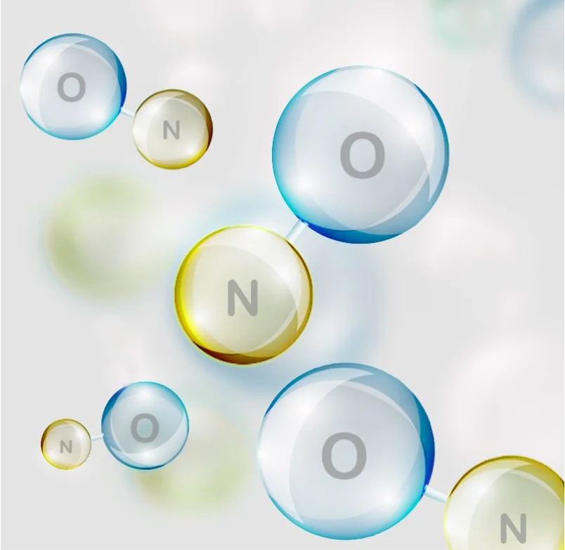 Eine Grafik mit gelben und blauen Blasen, die die chemischen Zeichen für Stickstoffmonoxid N und O enthalten.